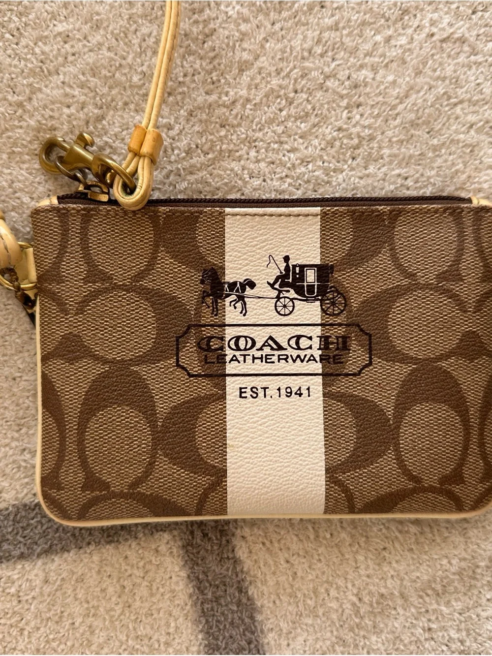 Coach Brown and Cream Signature Zip Wristlet with Gold Hardware